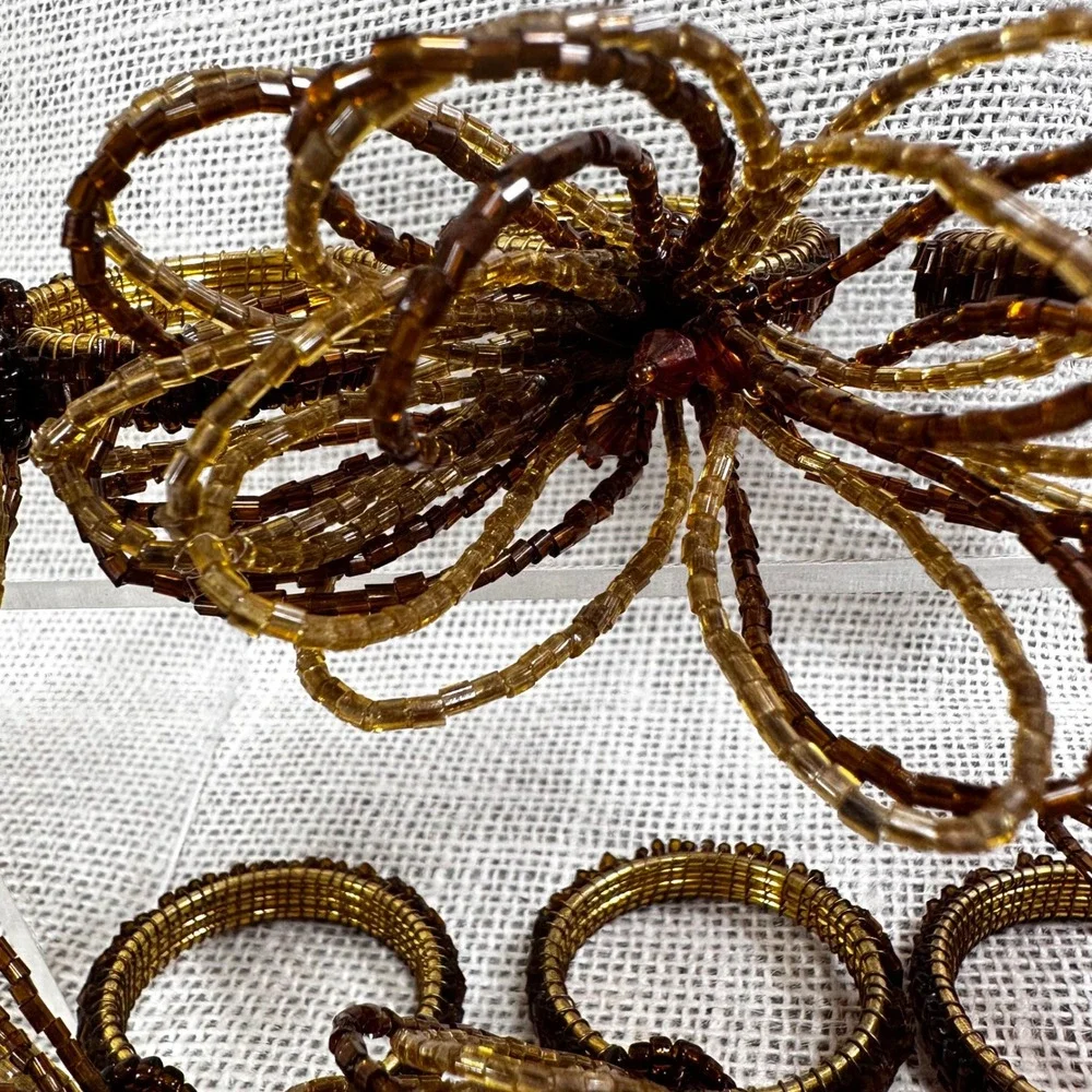Set of 6 Beaded Napkin Rings Amber Bronze Brown Floral Glass Bead Table Decor